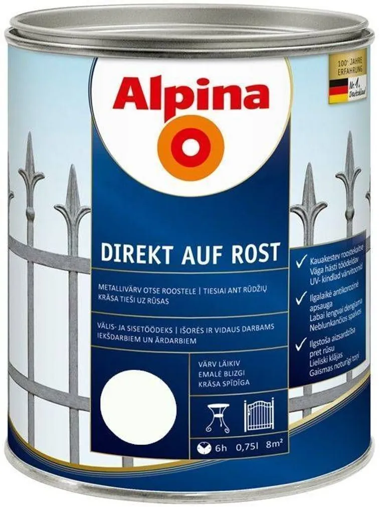 METALLIVÄRV ALPINA DIREKT AUF ROST 0,75L VALGE (RAL9016) LÄIKIV