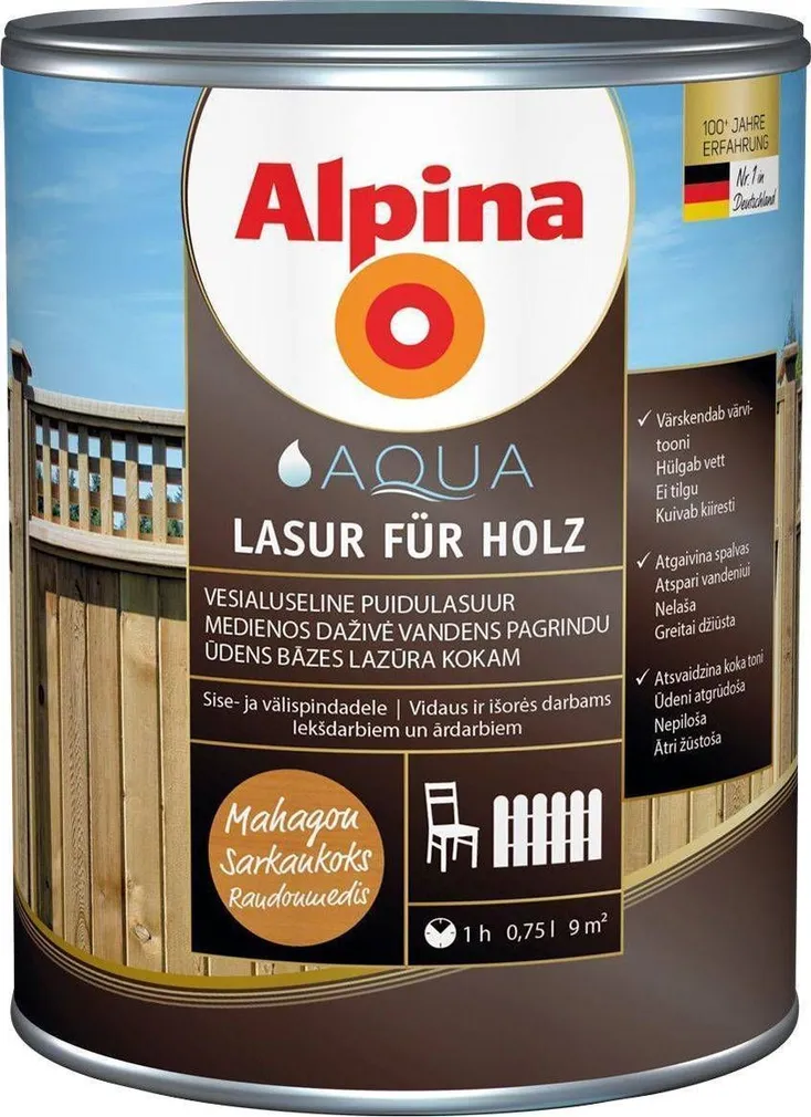 PUIDUKAITSEVAHEND ALPINA AQUA LASUR FÜR HOLZ 0,75L MAHAGON