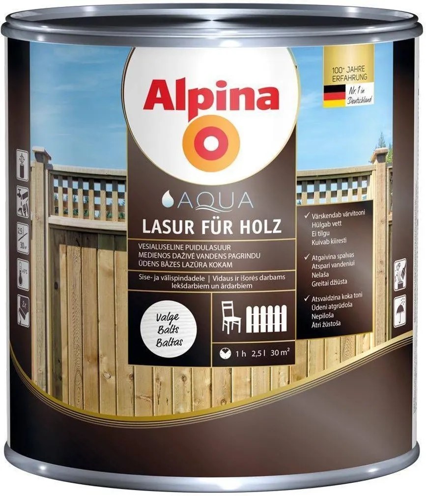 PUIDUKAITSEVAHEND ALPINA AQUA LASUR FÜR HOLZ 2,5L VALGE