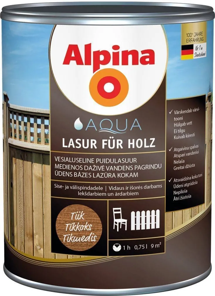 PUIDUKAITSEVAHEND ALPINA AQUA LASUR FÜR HOLZ 0,75L TIIK