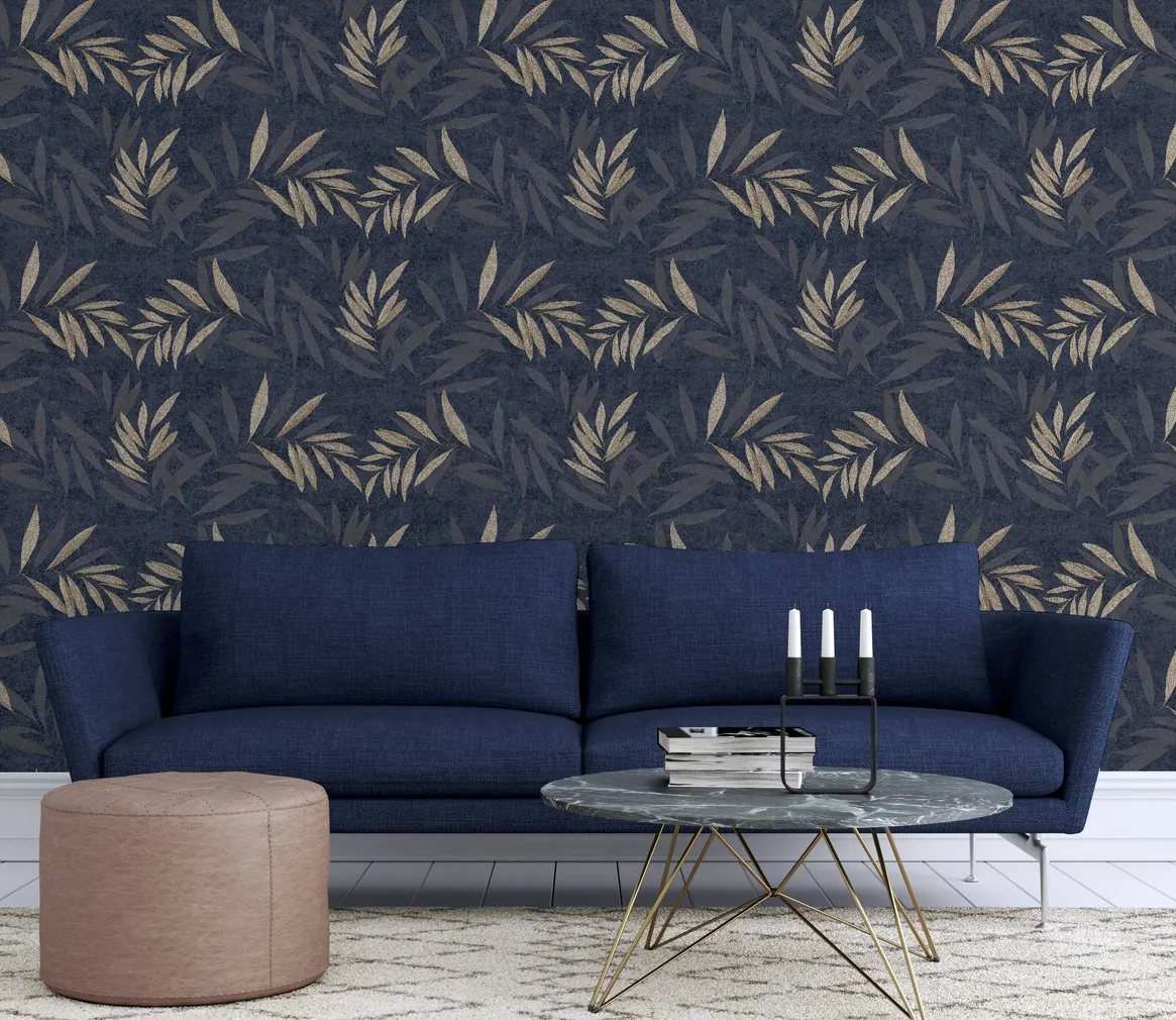 TAPEET ARTHOUSE LUXURY LEAF NAVY CHAMPAGNE 0,64X10,05M