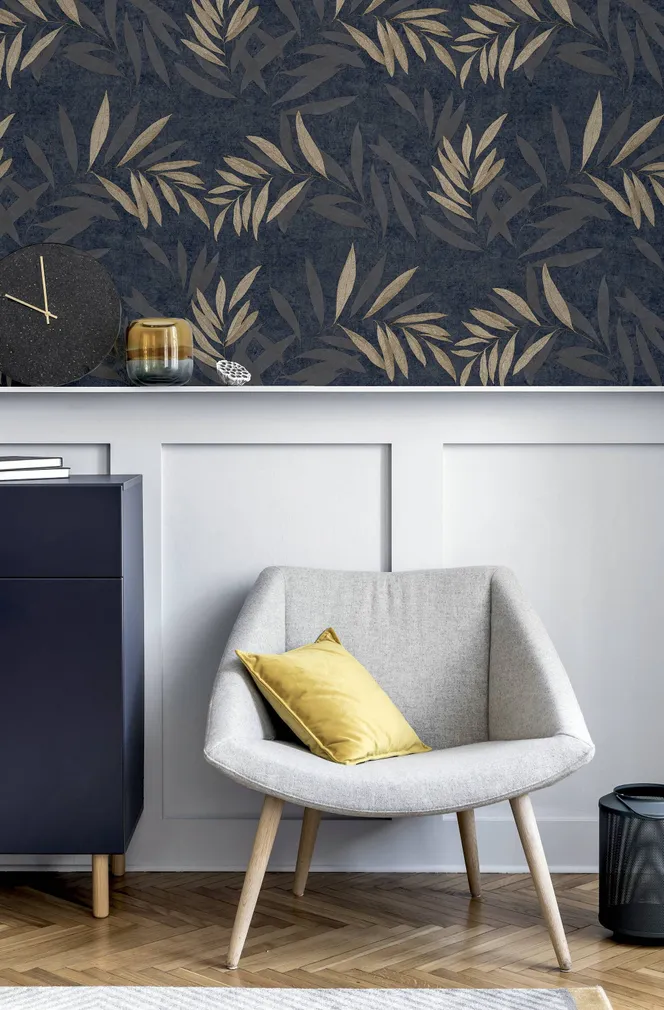 TAPEET ARTHOUSE LUXURY LEAF NAVY CHAMPAGNE 0,64X10,05M