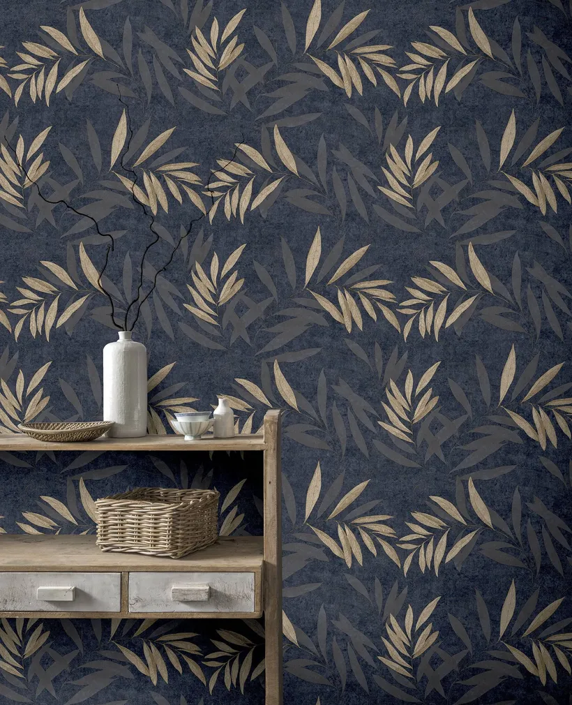 TAPEET ARTHOUSE LUXURY LEAF NAVY CHAMPAGNE 0,64X10,05M